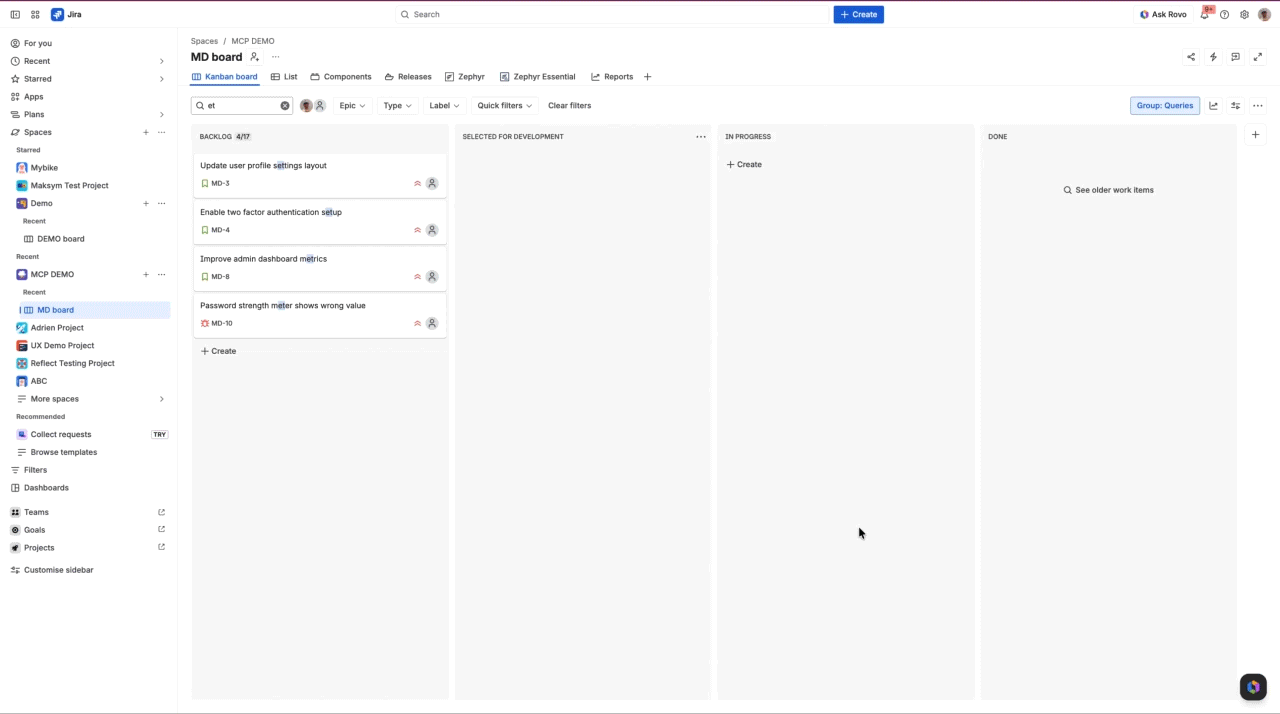 how to find the Zephyr Agent for Rovo in Jira, select it in Rovo chat, and ask it to generate test cases.